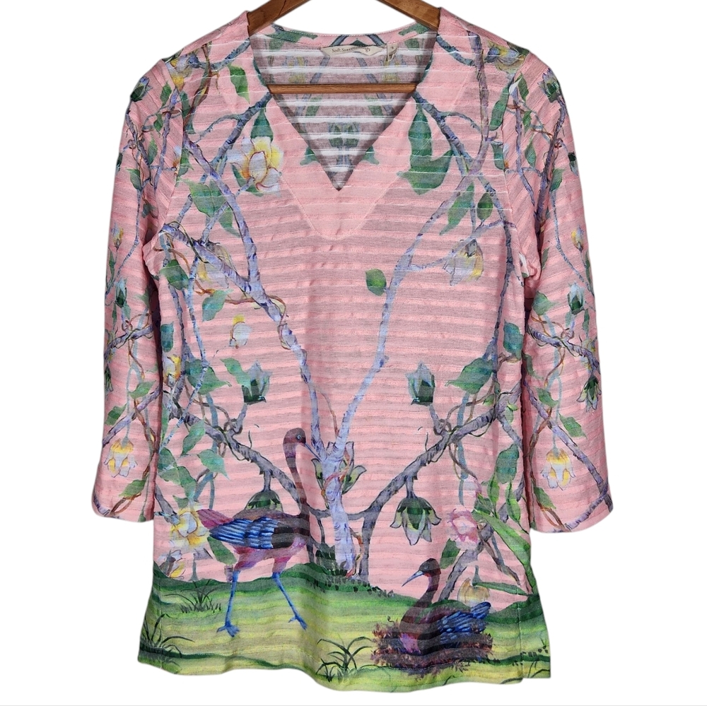 Soft Surroundings Pink Floral Tropical Bird Print 3/4 Sleeve Top Size Small